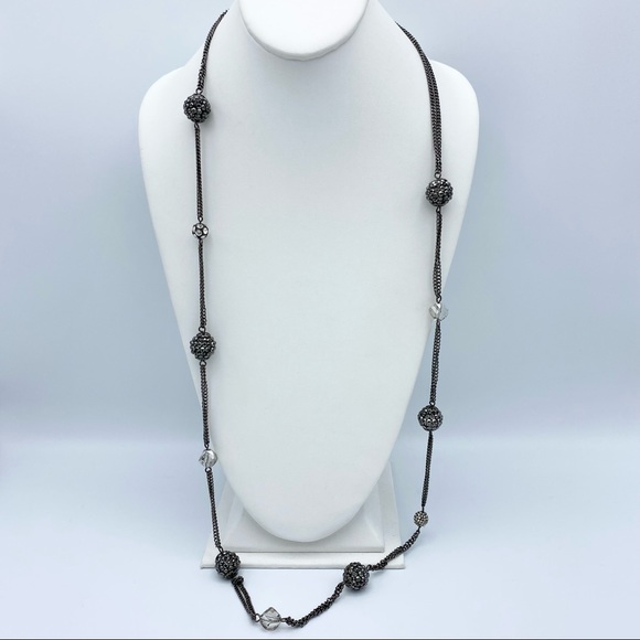 Double Chain Sparkly Beaded Gunmetal Silver Tone Long Strand Necklace - Picture 3 of 11